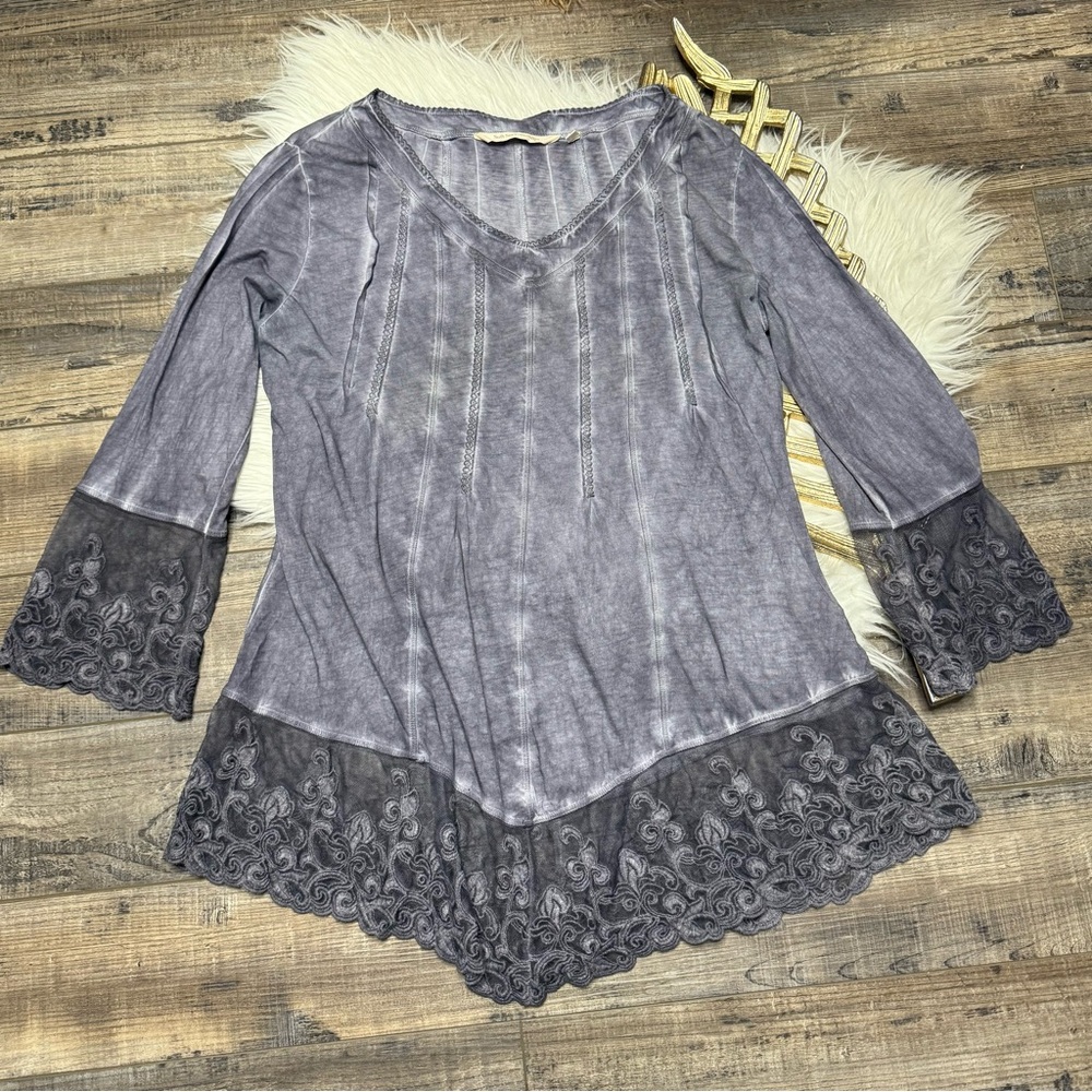 Soft Surroundings Blue Lace Pleated Top